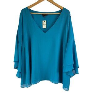 NWT Lane Bryant Blue Chiffon Blouse Layered V-Neck Bell Sleeve Plus Size 26 28
